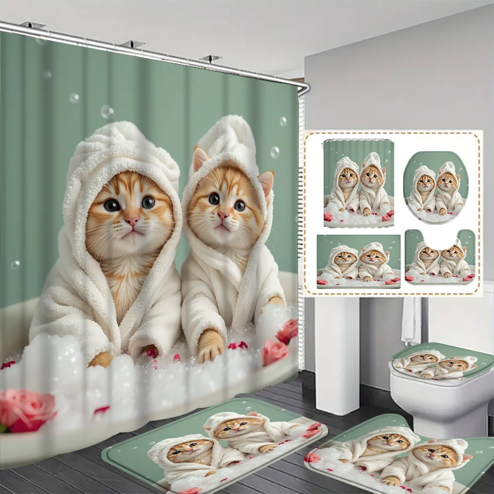 Home Bathroom Spa - Adorable Cat Theme Shower Curtain Waterproof