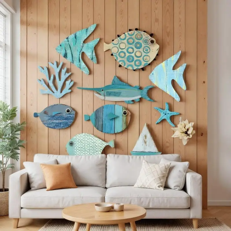 10pcs/set Fish Wall Decor Wood - Jet Home Bathroom ulasan dan harga