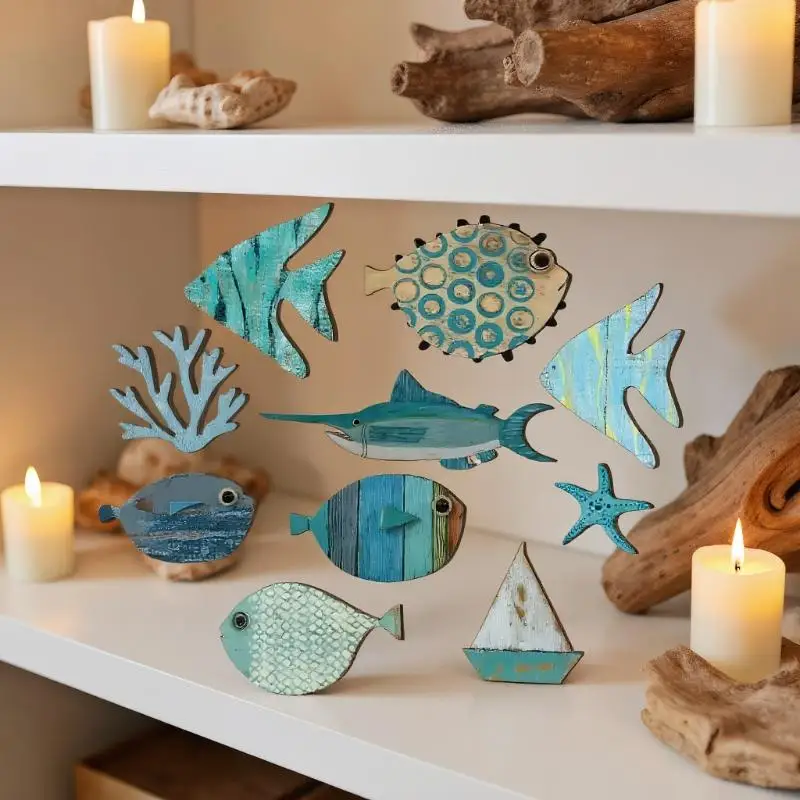 10pcs/set Fish Wall Decor Wood - Jet Home Bathroom ulasan dan harga