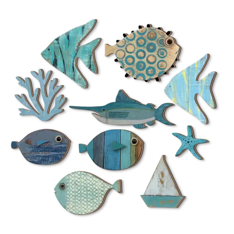 10pcs/set Fish Wall Decor Wood - Jet Home Bathroom ulasan dan harga