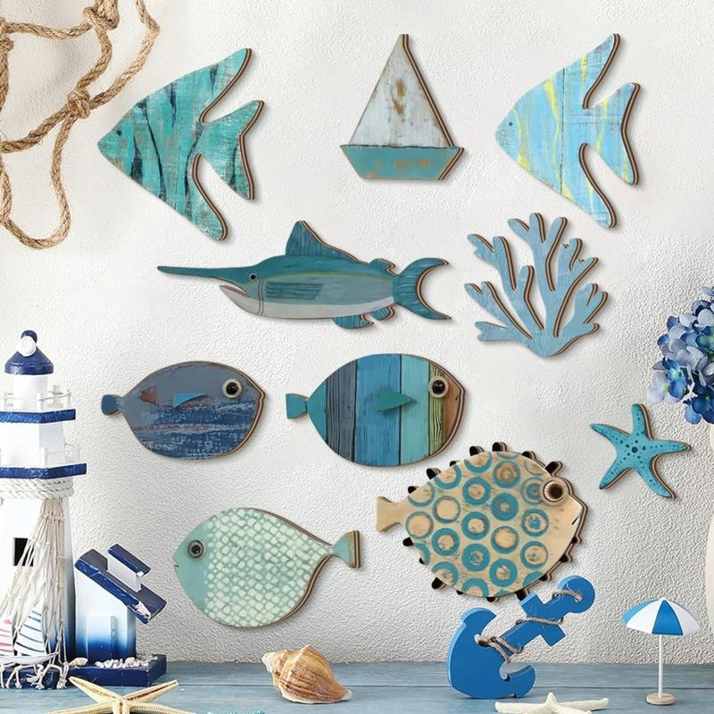 10pcs/set Fish Wall Decor Wood - Jet Home Bathroom ulasan dan harga